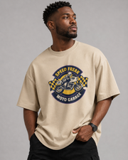 Speed Freak Moto Garage beige oversized T-shirt print close up