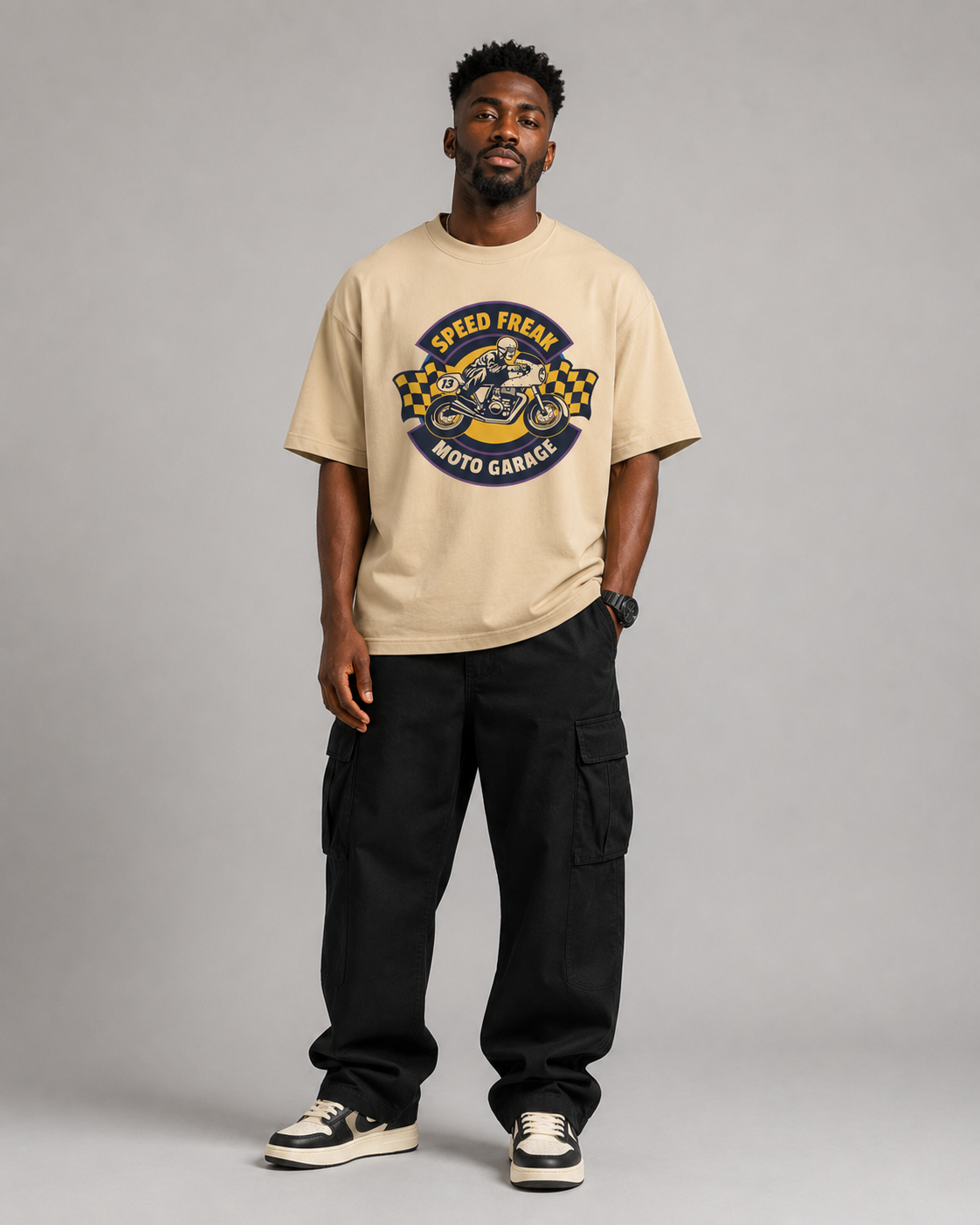 Speed Freak Moto Garage beige oversized T-shirt front