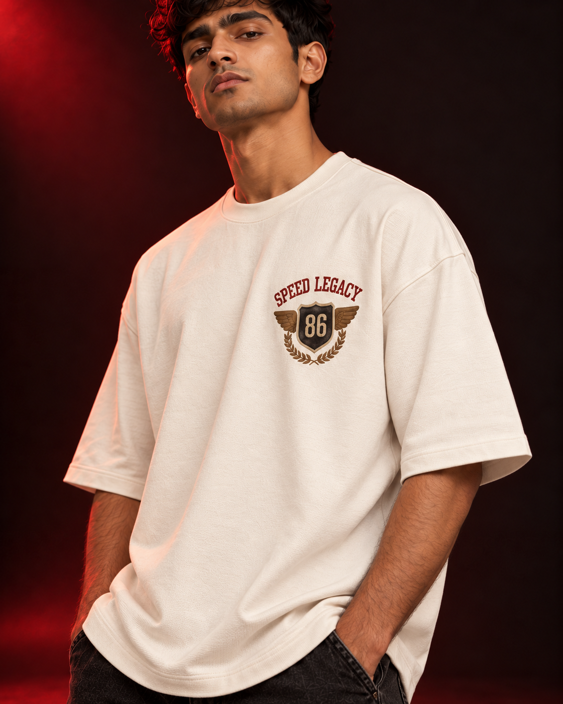 SPEED LEGACY 86 cream oversized T-shirt — print close-up