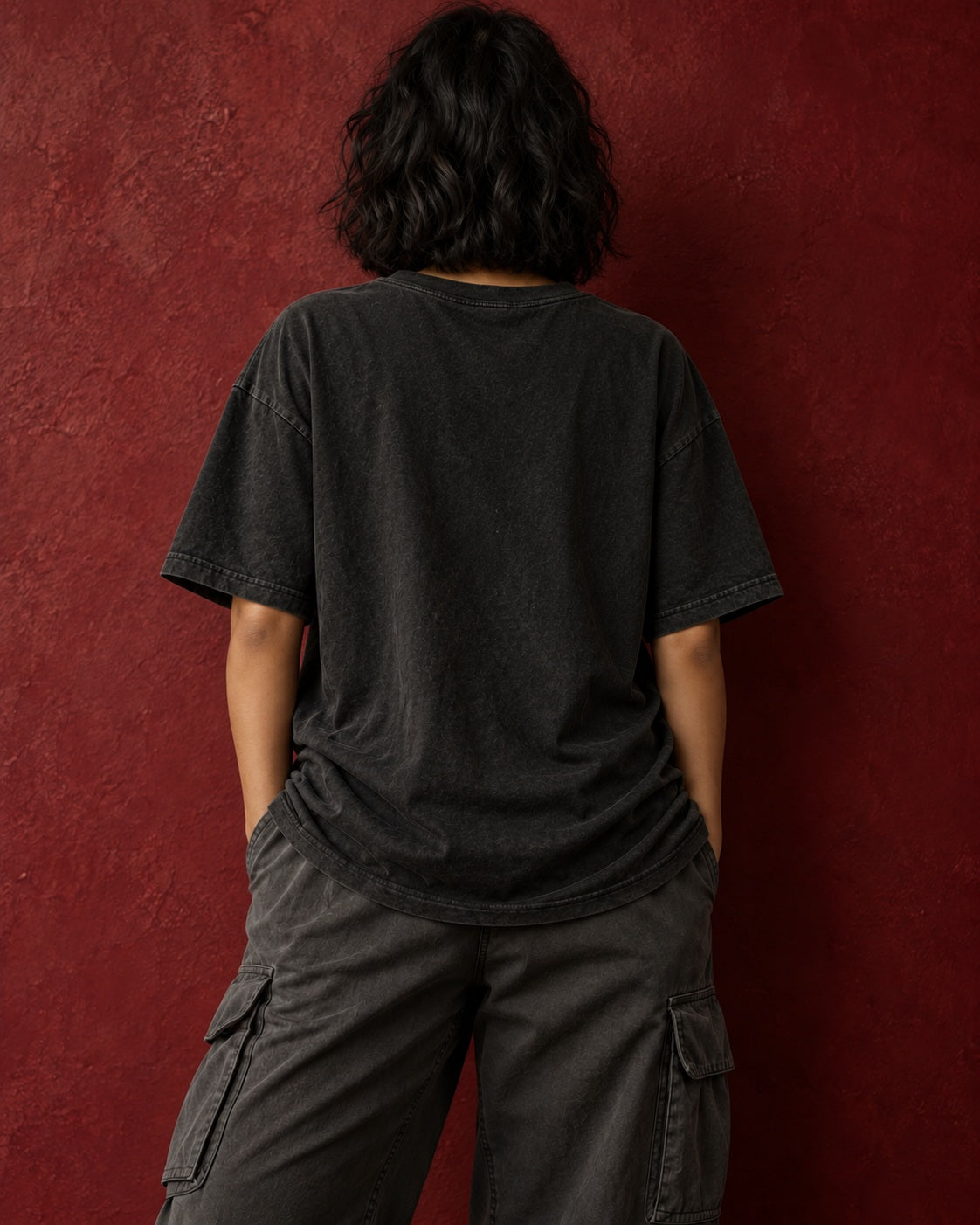 Plain back view of Still Burning oversized tee