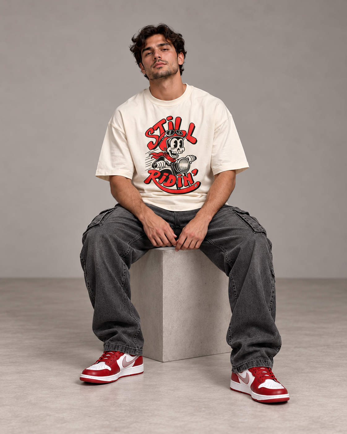 Still Ridin off-white oversized T-shirt seated pose
