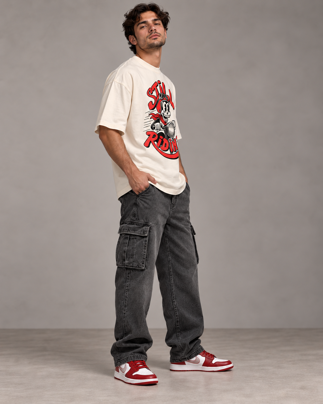 Still Ridin off-white oversized T-shirt side pose