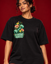 STRONG ROOTS floral dumbbell right chest print close-up