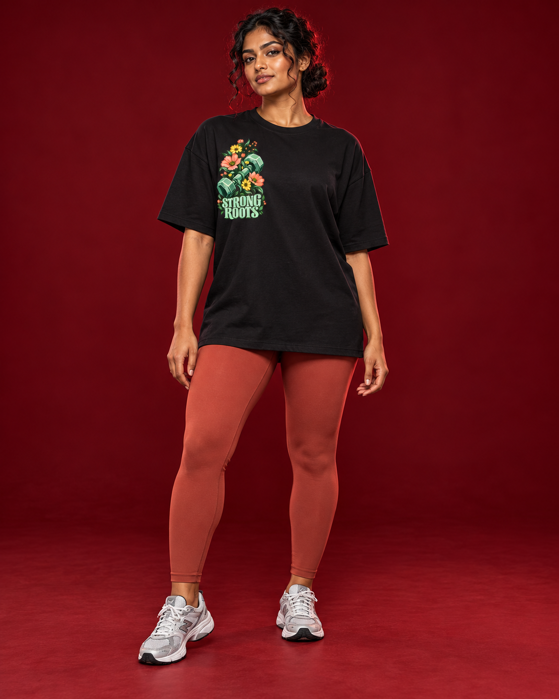 STRONG ROOTS black women's tee right chest floral dumbbell print