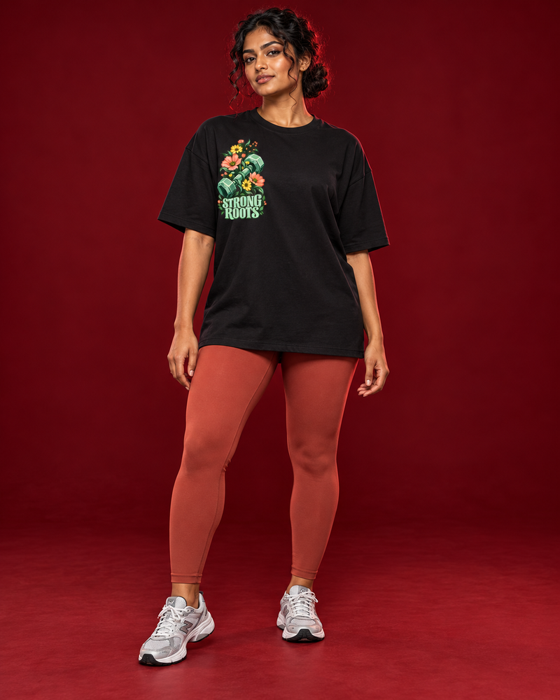 STRONG ROOTS — WOMEN'S BLACK OVERSIZED T-SHIRT