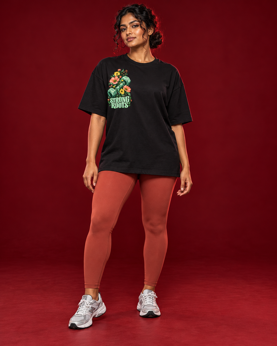 STRONG ROOTS black women's tee right chest floral dumbbell print