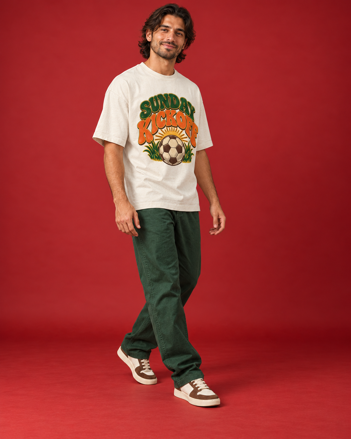 SUNDAY KICKOFF off-white tee three-quarter walking view