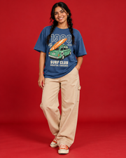 Surf Club women's blue oversized tee front green vintage surf car orange surfboard cream 1980 lettering