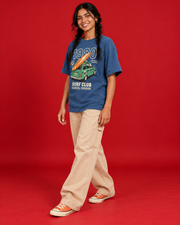 Surf Club women's blue tee three-quarter side view natural front print drape