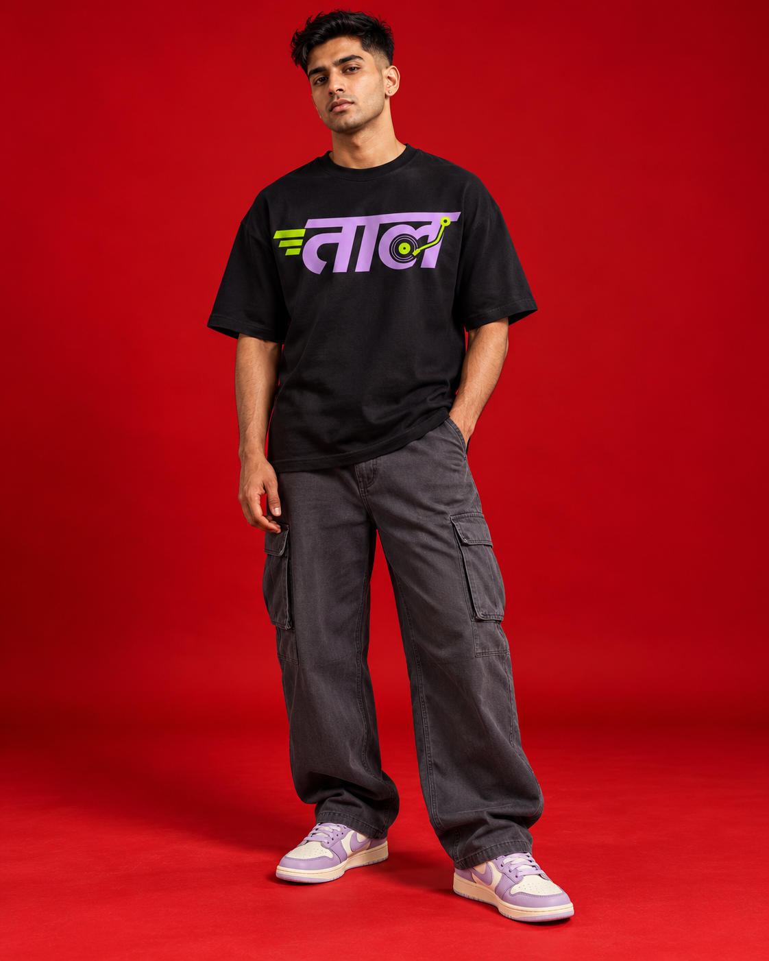 TAAL black oversized T-shirt lilac and lime Marathi music typography front view