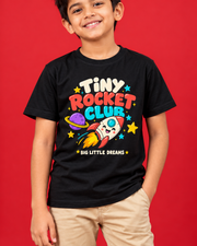 Tiny Rocket Club black kids tee closeup