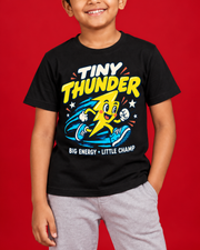 Tiny Thunder black kids tee closeup