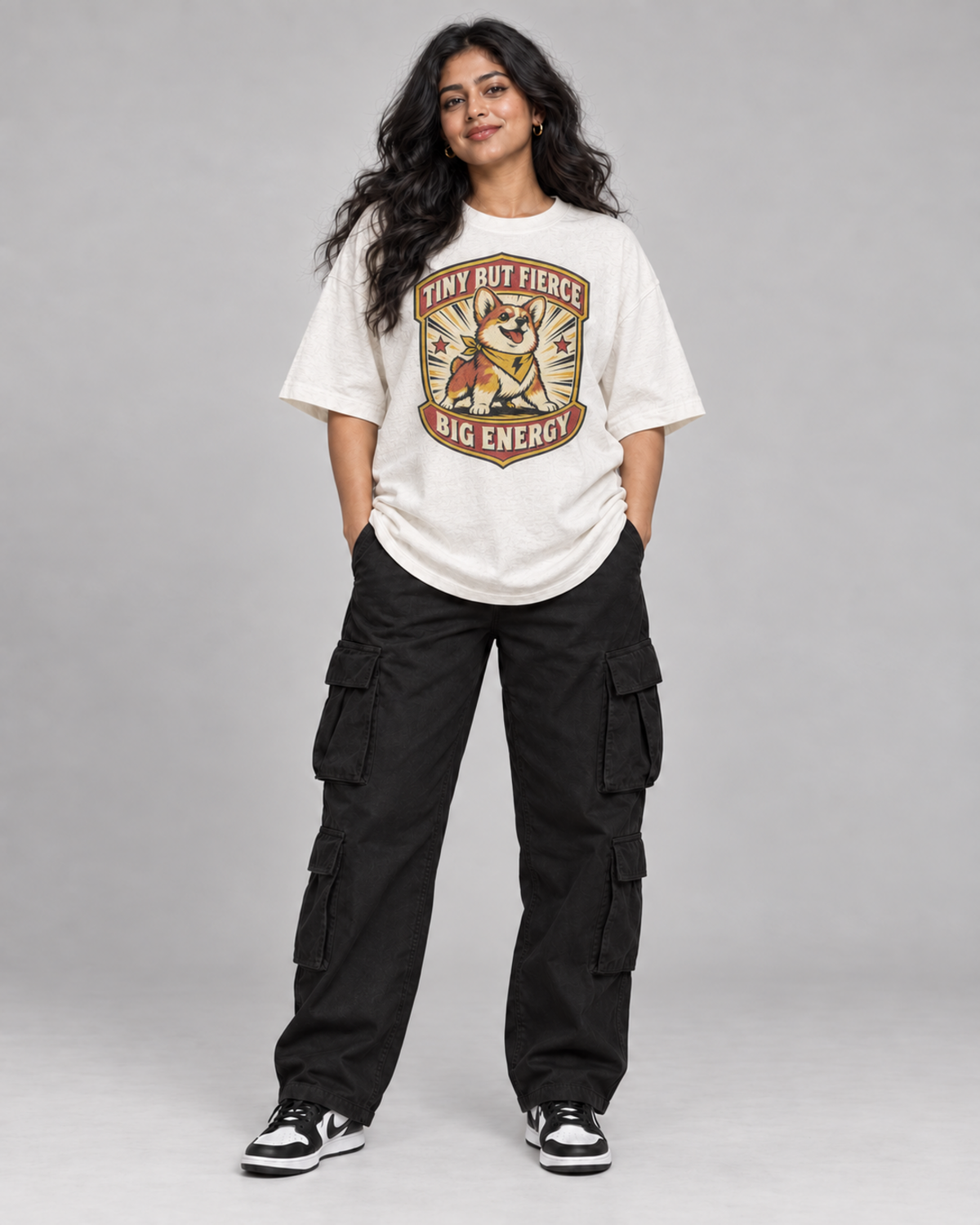 TINY BUT FIERCE WOMEN'S OVERSIZED T-SHIRT in Off White – full front