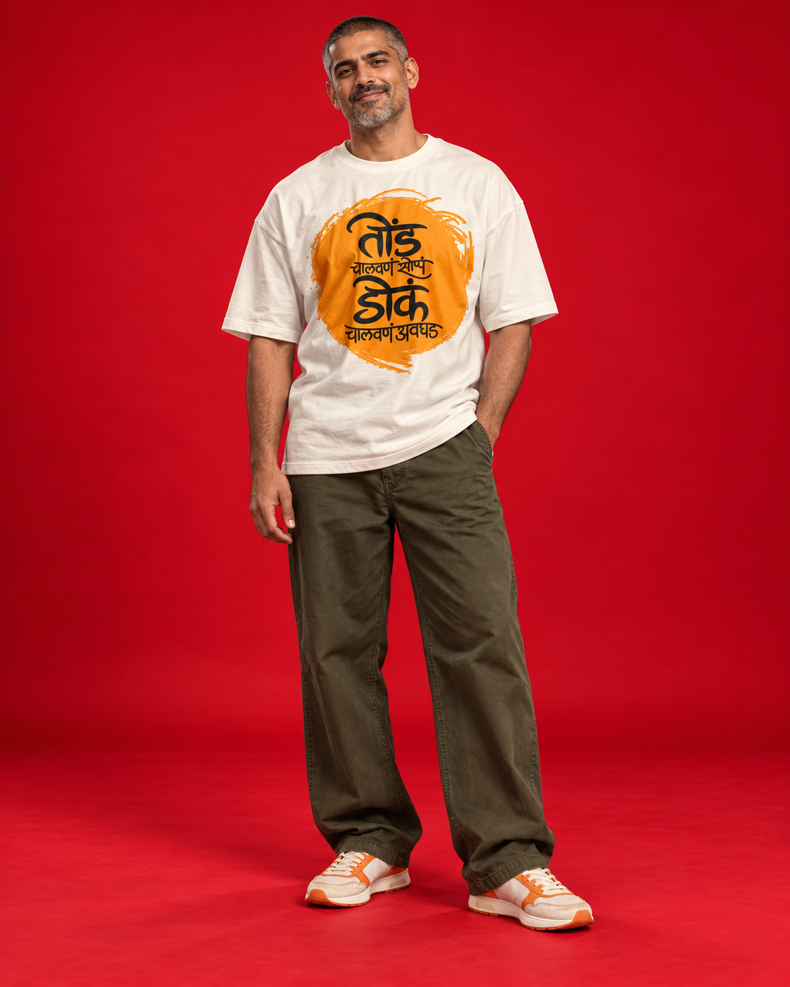 Tond Chalvan off-white oversized Marathi typography T-shirt front