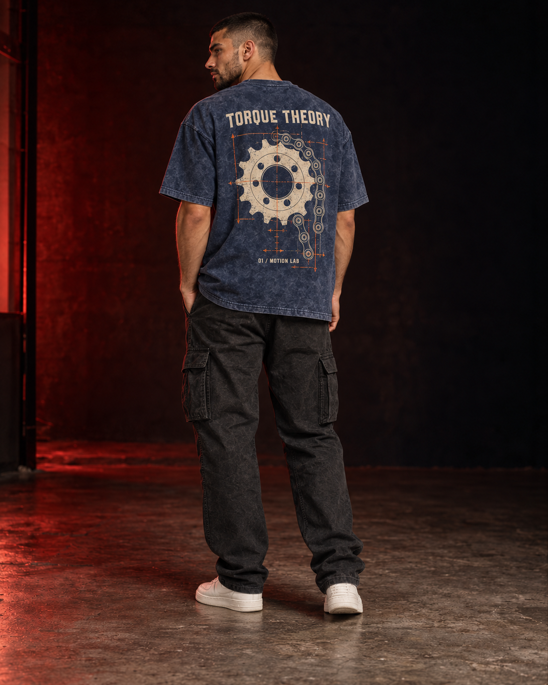 TORQUE THEORY 01 blue acid wash oversized T-shirt back view