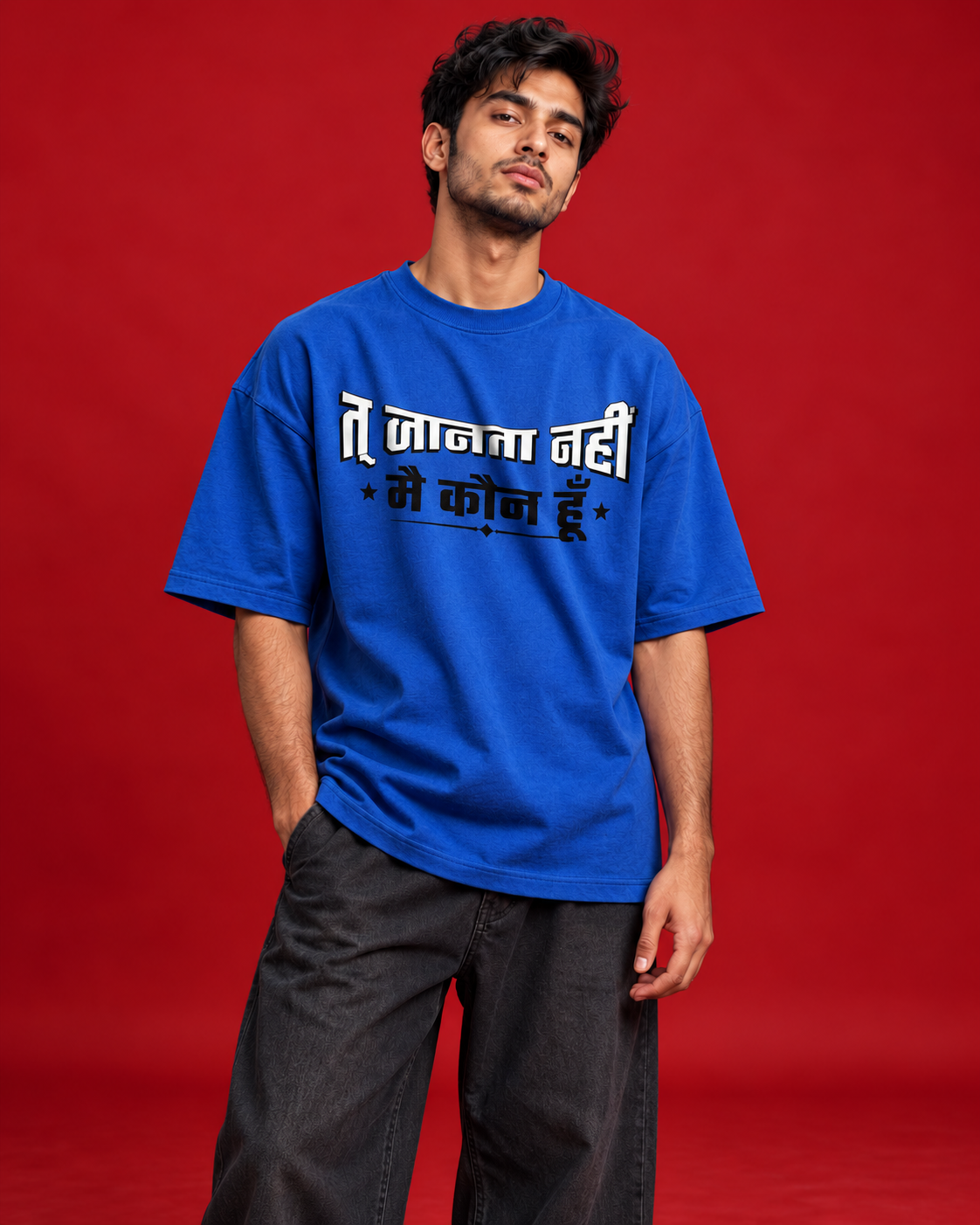 Tu Jaanta Nahi blue oversized Hindi typography T-shirt front