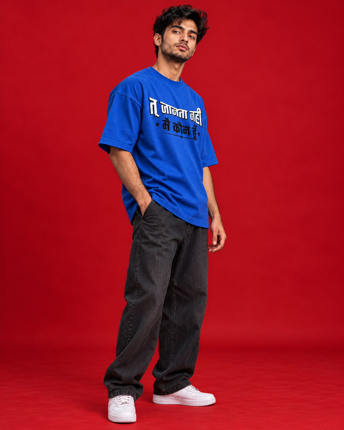 Tu Jaanta Nahi blue oversized Hindi typography T-shirt side