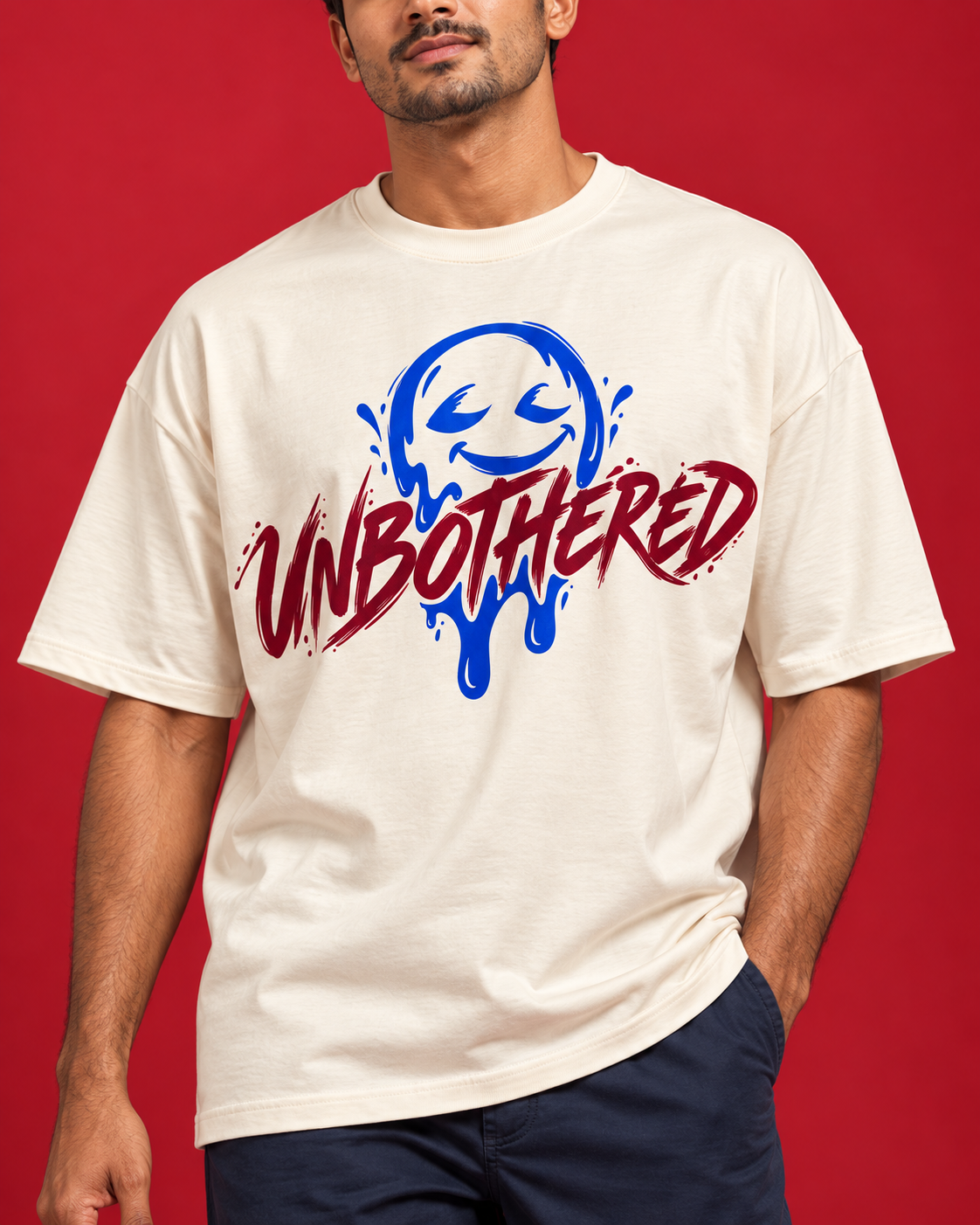UNBOTHERED burgundy script cobalt smiley print close-up