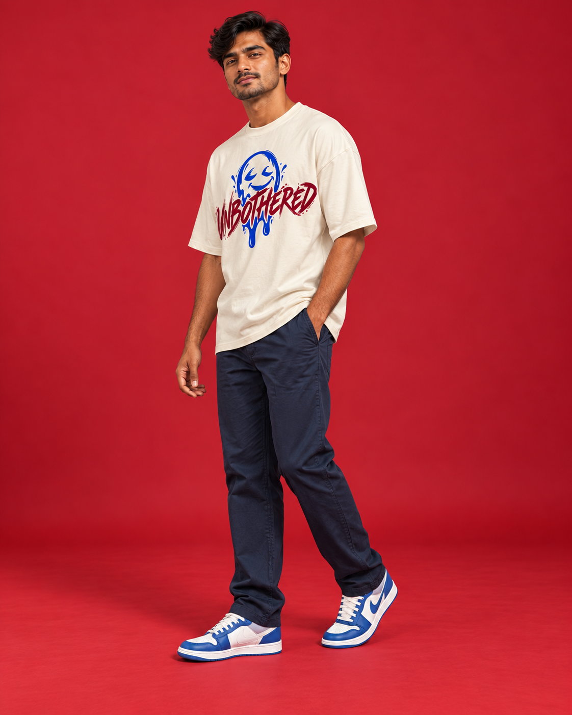 UNBOTHERED men's off-white tee three-quarter side
