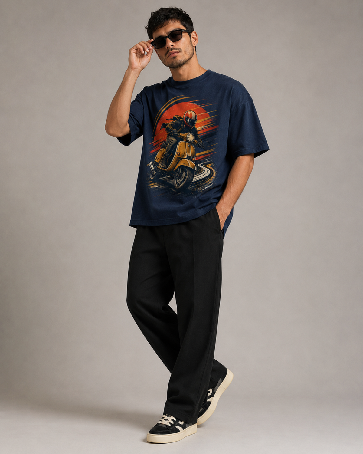 Urban Scooter Rush navy oversized T-shirt three-quarter pose