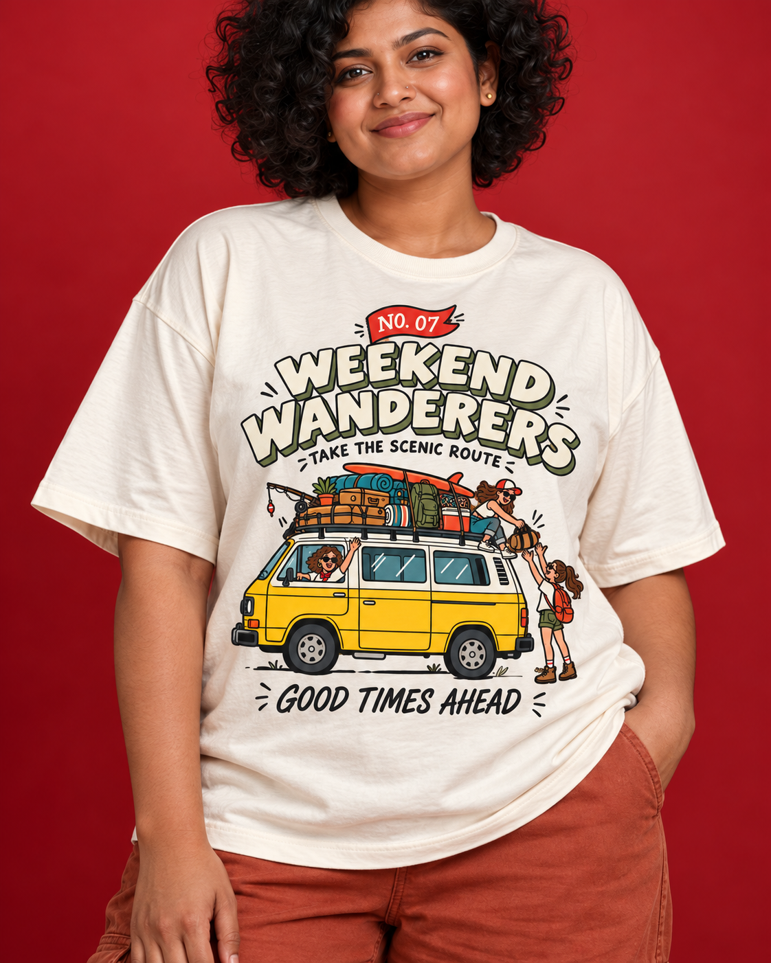Weekend Wanderers camper van travel friends illustration close-up on women's off-white tee