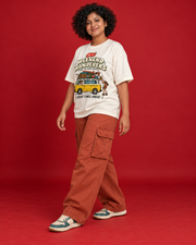 Weekend Wanderers women's off-white tee three-quarter side view camper van front print