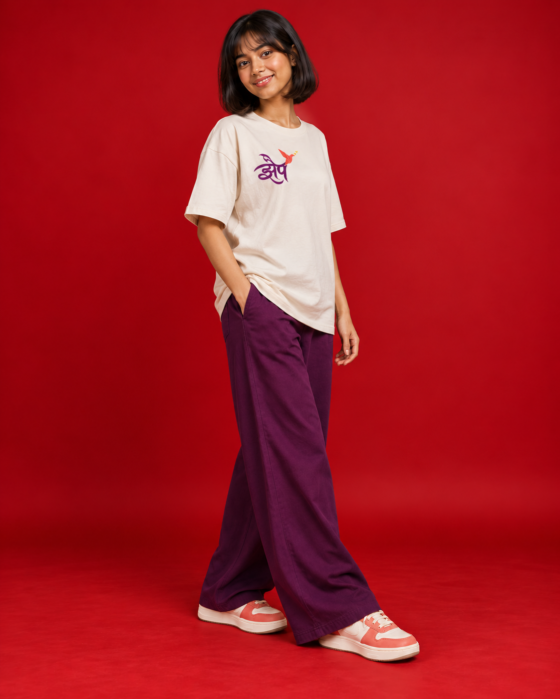 Zhep women's off-white oversized Marathi typography T-shirt side
